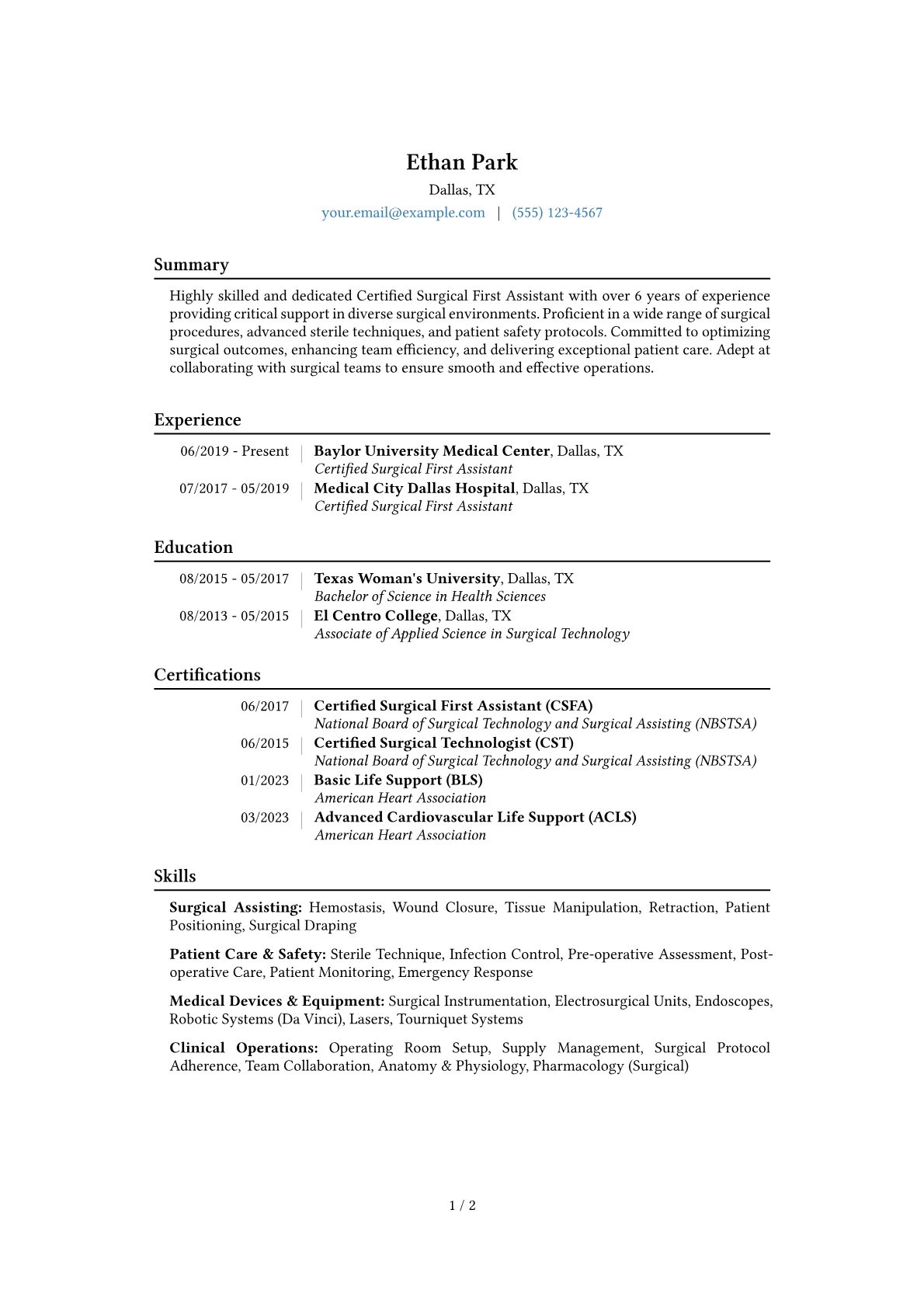 Certified Surgical First Assistant Resume Example CV template - Page 1