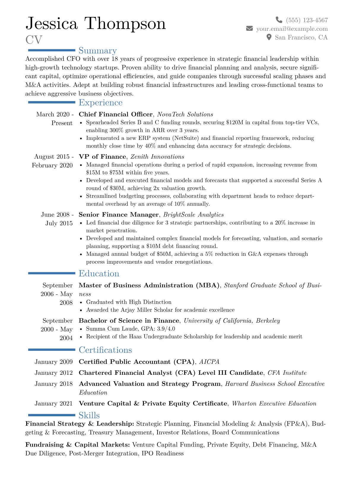 CFO Startup Resume Example CV template - Page 1