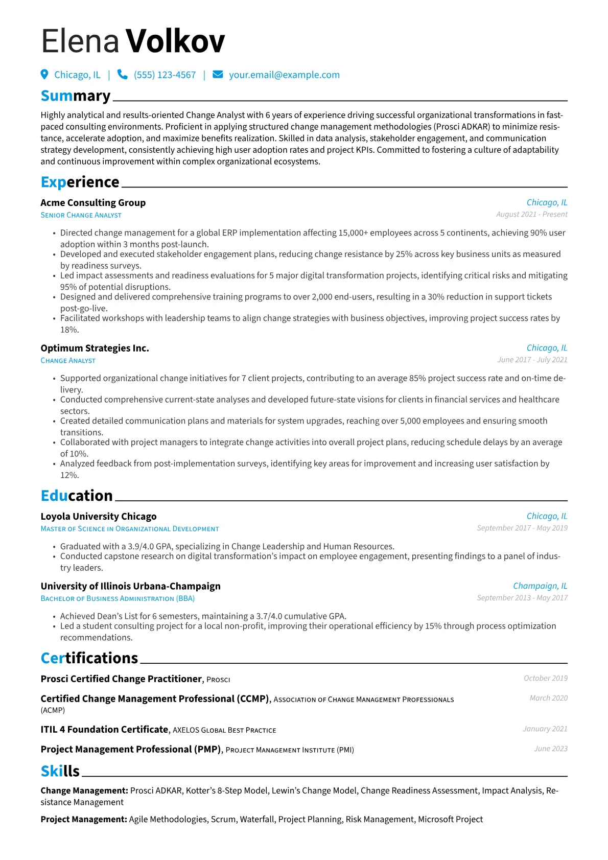 Change Analyst Resume Example CV template - Page 1