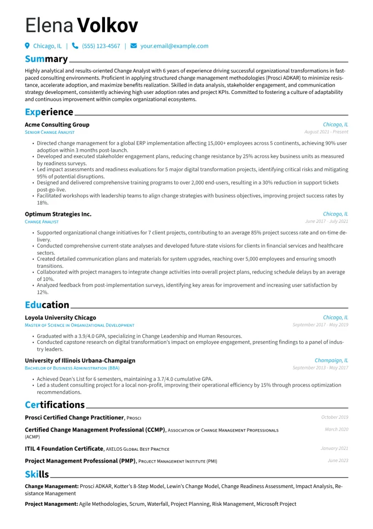 Change Analyst Resume Example CV template preview