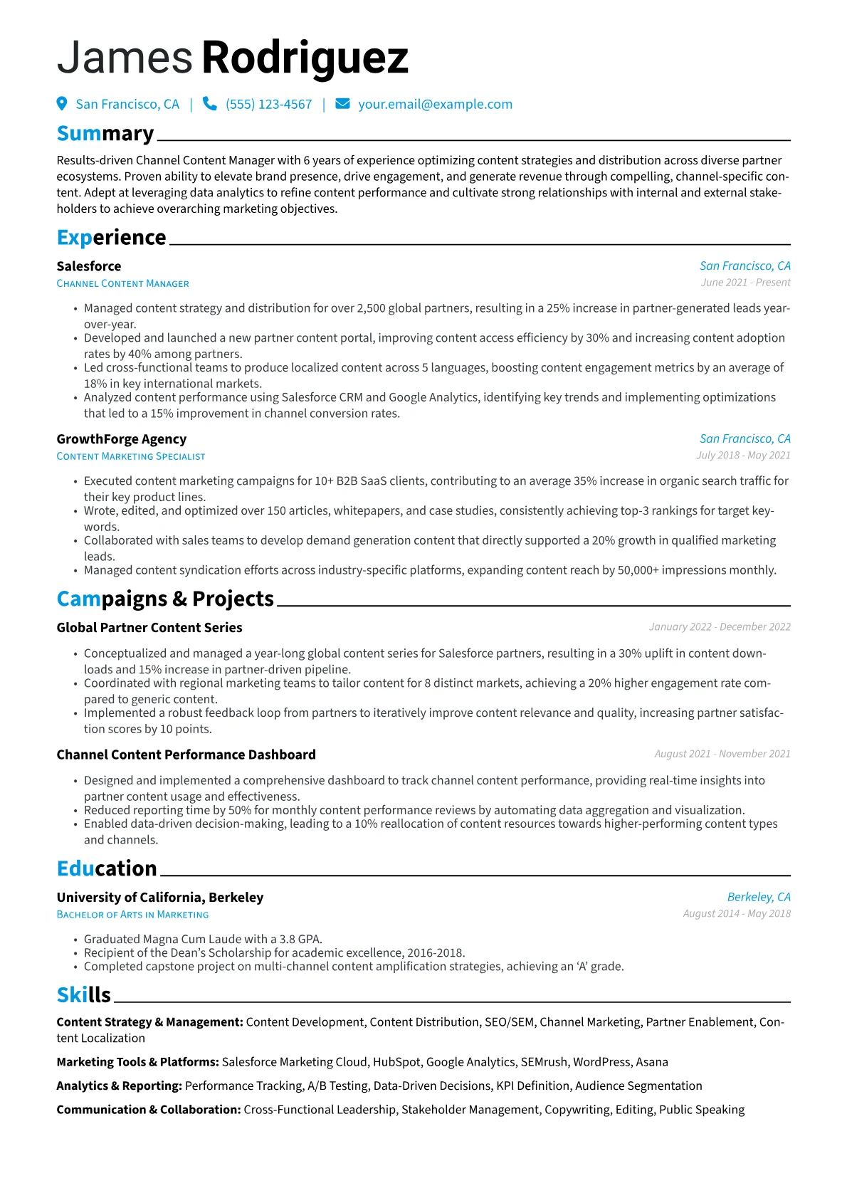 Channel Content Manager Resume Example CV template - Page 1