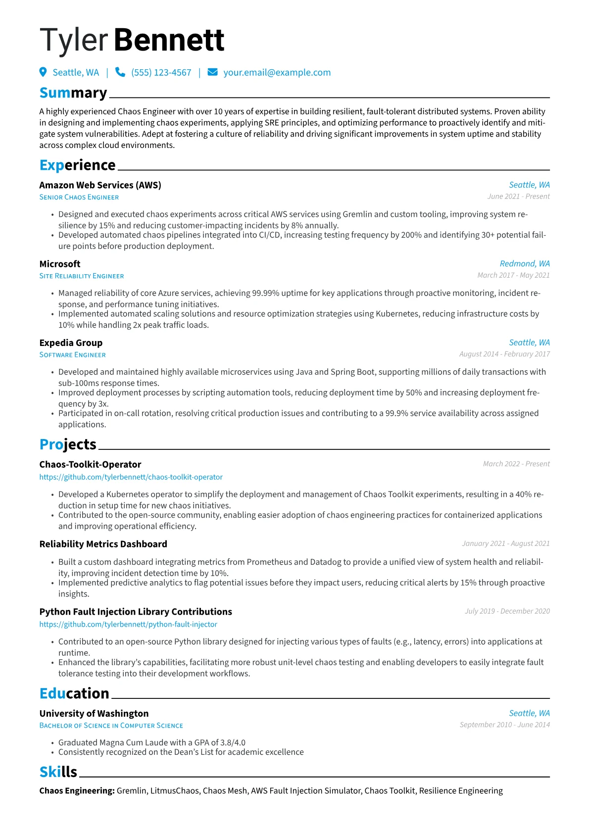 Chaos Engineer Resume Example CV template - Page 1