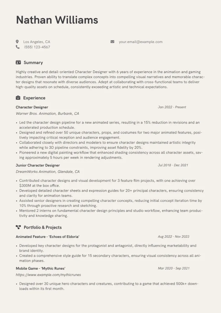 Character Designer Resume Example CV template preview
