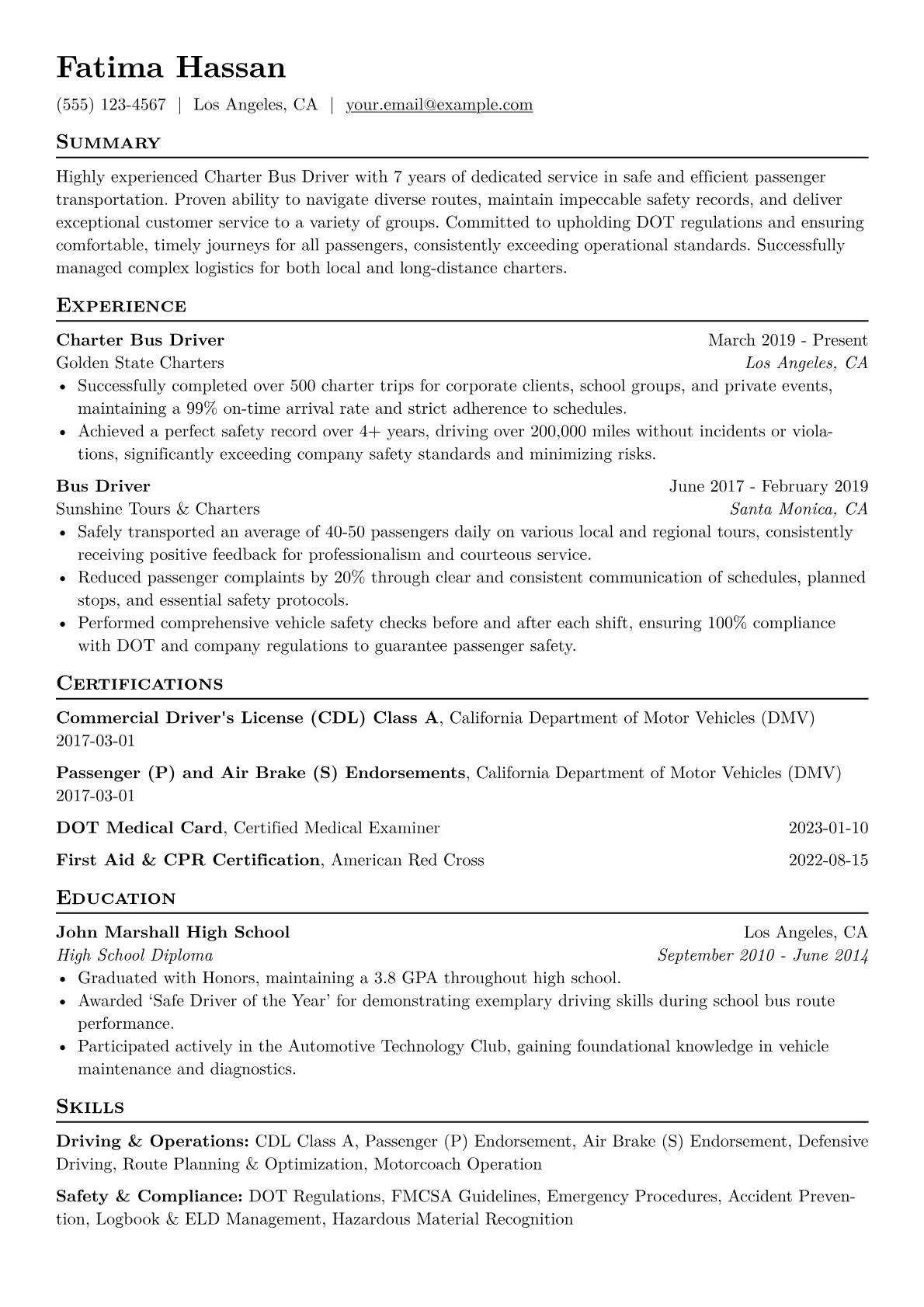 Charter Bus Driver Resume Example CV template - Page 1