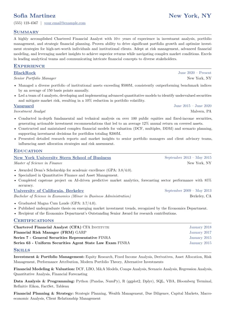 Chartered Financial Analyst Resume Example CV template preview