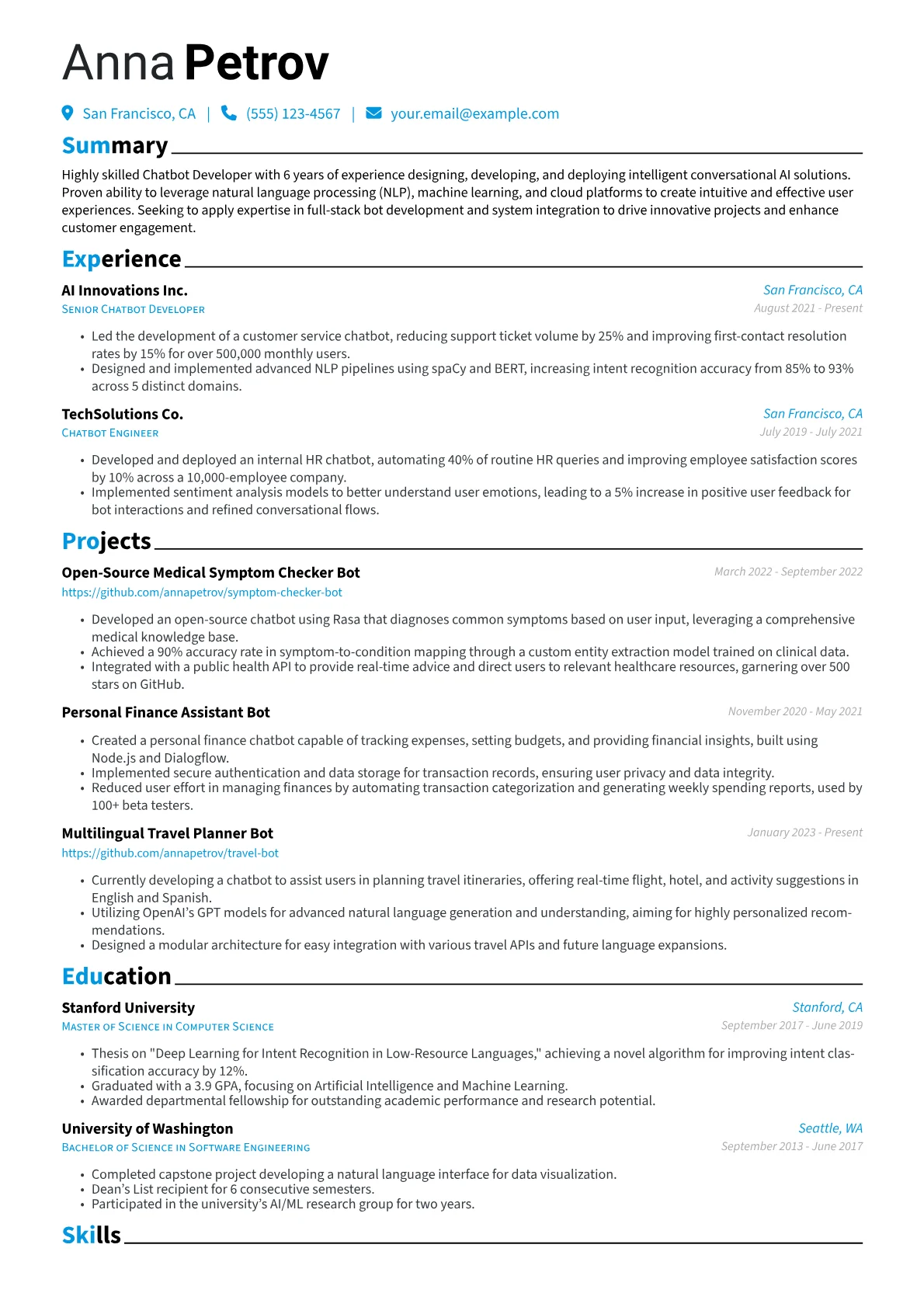 Chatbot Developer Resume Example CV template - Page 1