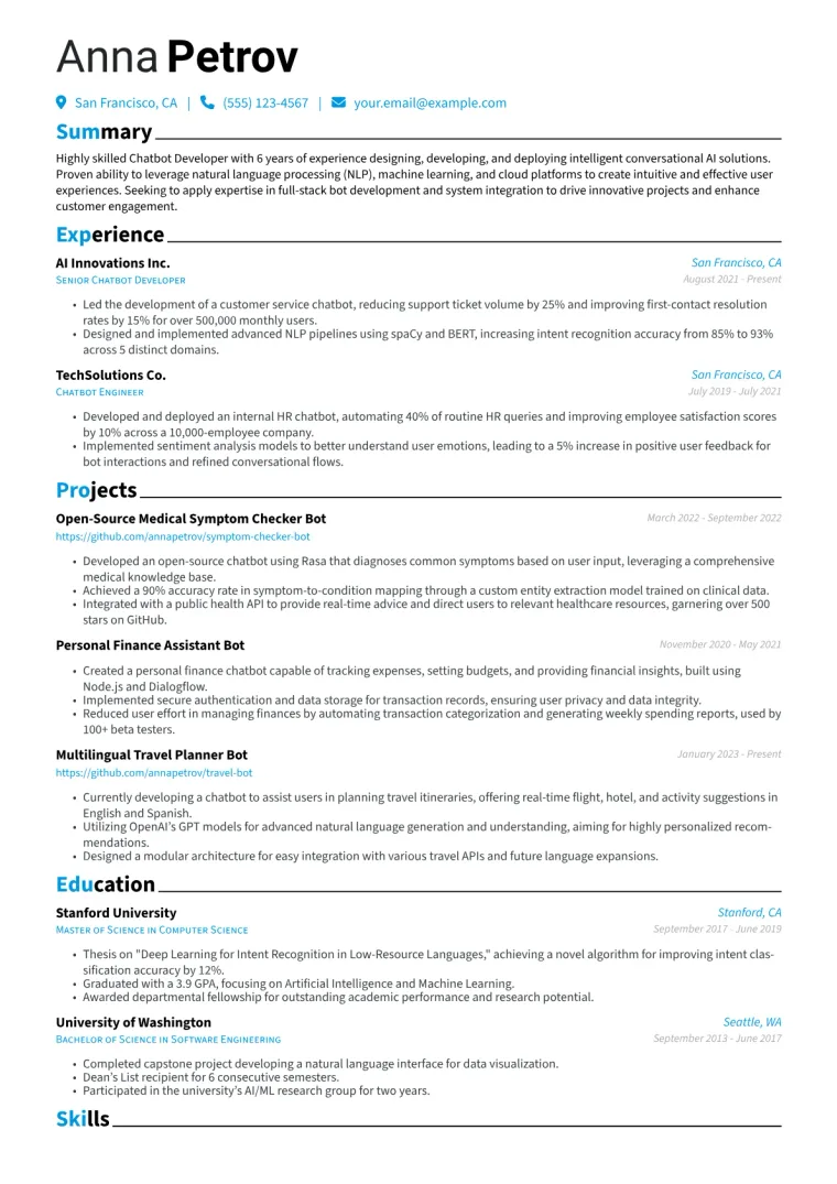 Chatbot Developer Resume Example CV template preview