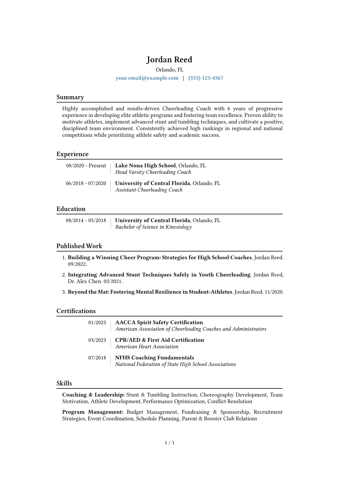 Cheerleading Coach Resume Example CV template - Page 1