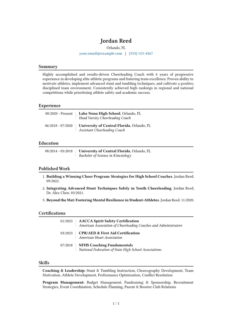 Cheerleading Coach Resume Example CV template preview