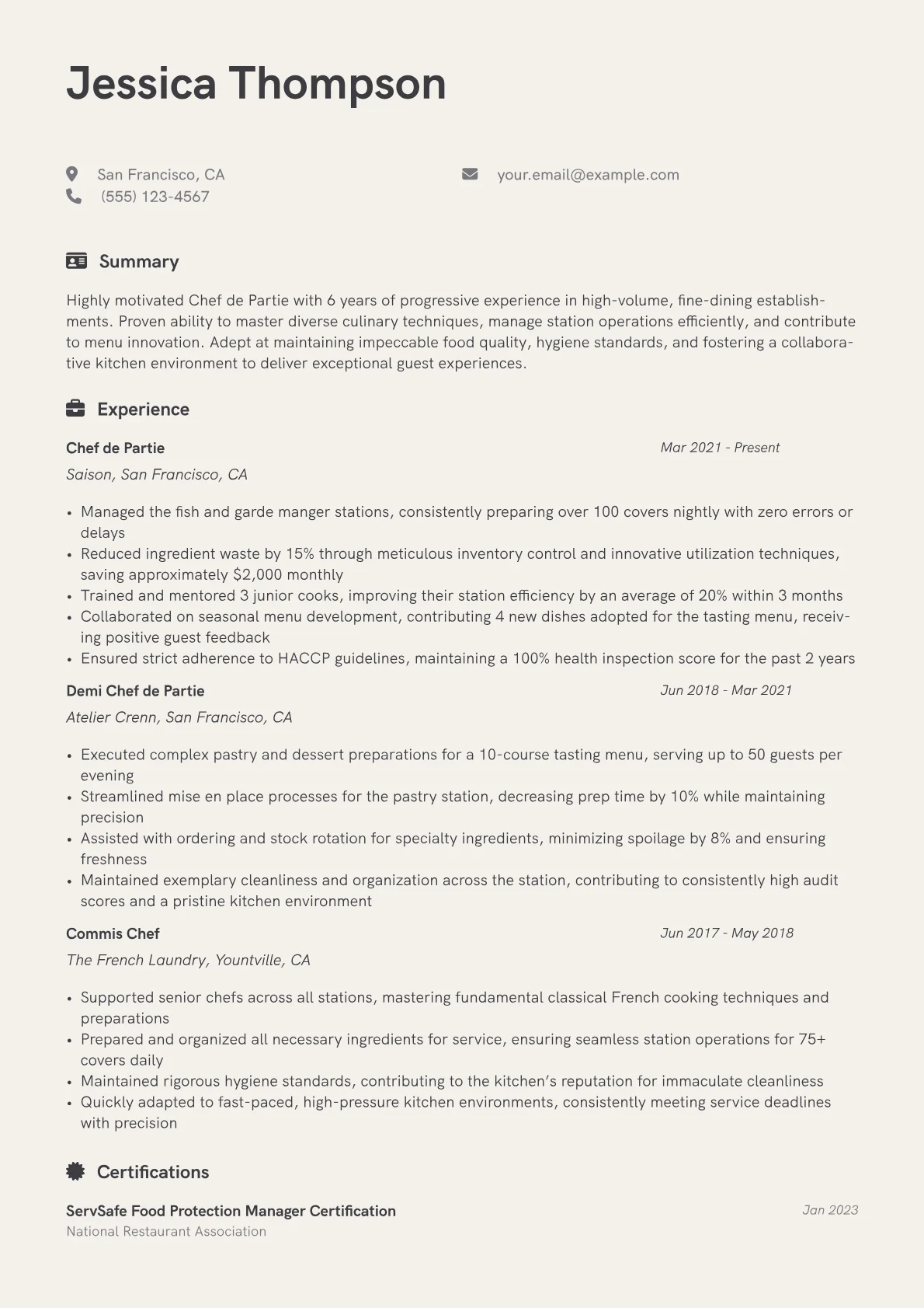 Chef de Partie Resume Example CV template - Page 1