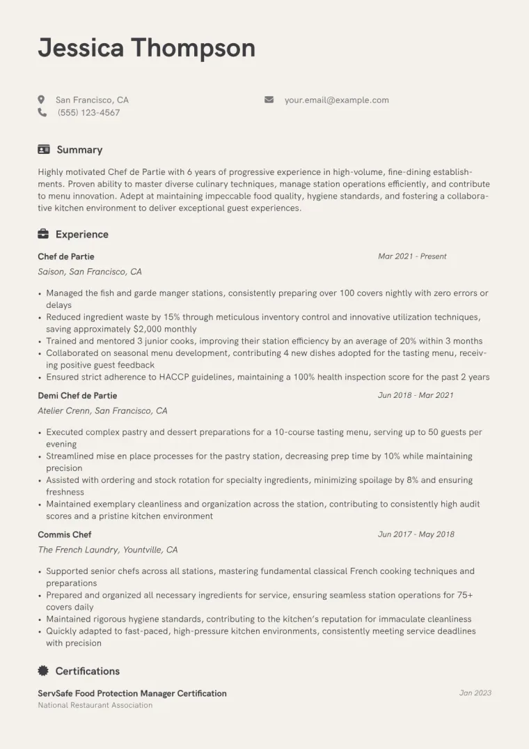 Chef de Partie Resume Example CV template preview