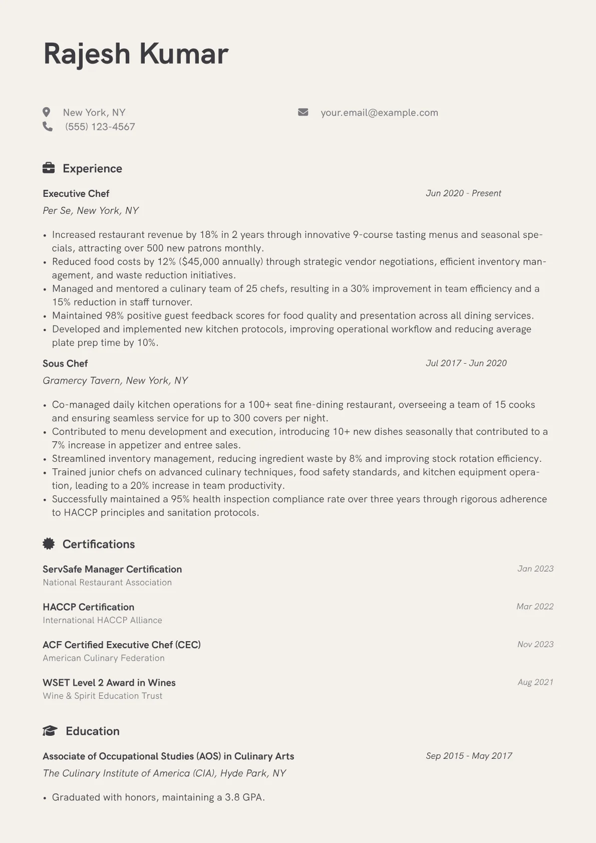Chef Resume Example CV template - Page 1