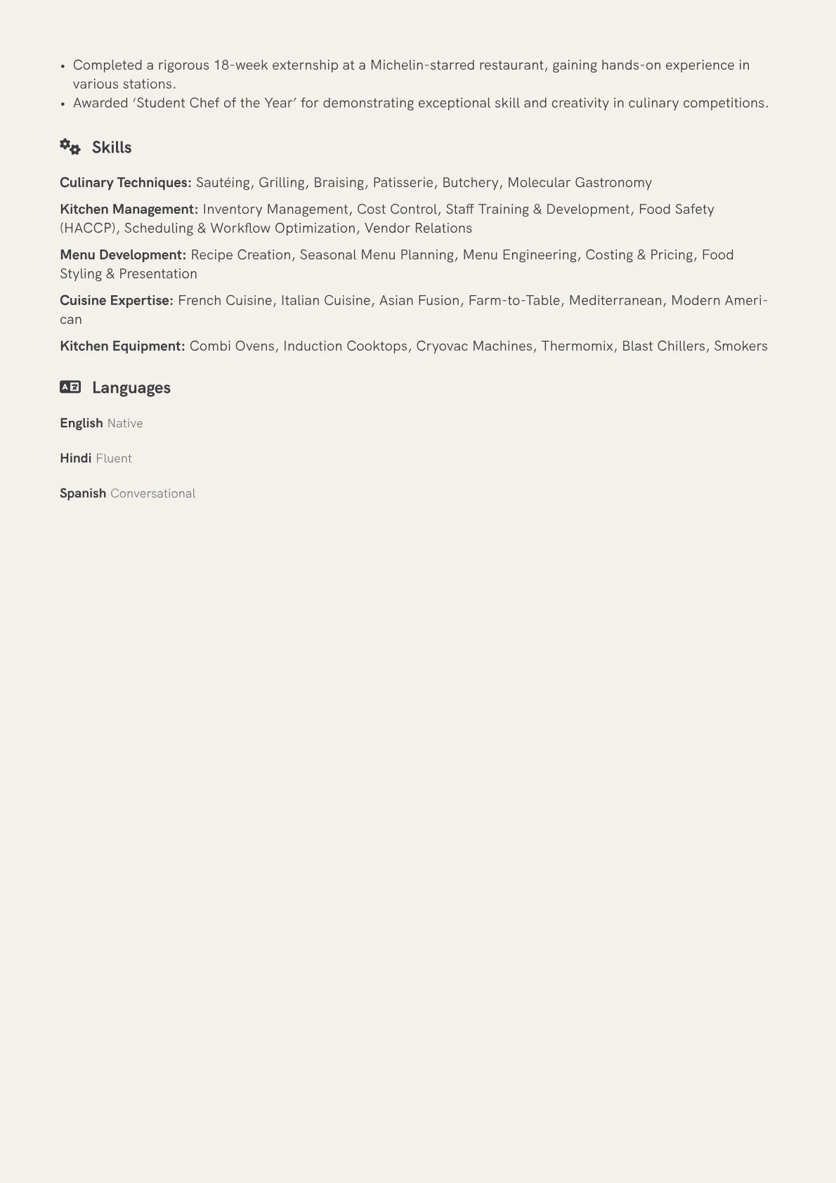 Chef Resume Example CV template - Page 2