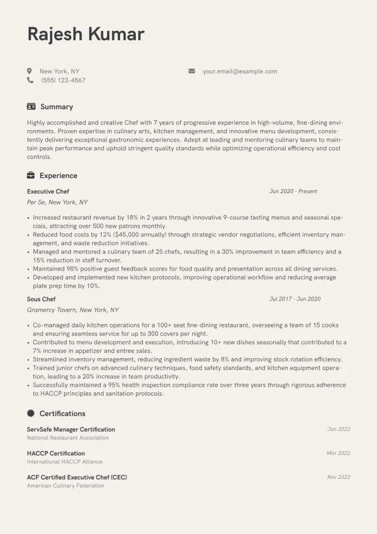Chef Resume Example