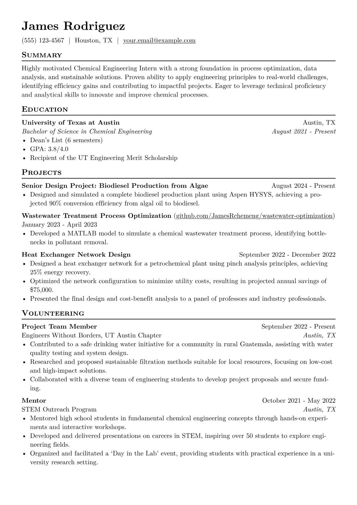 Chemical Engineering Intern Resume Example CV template - Page 1