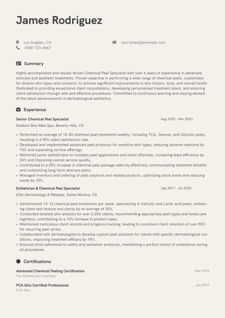 Chemical Peel Specialist Resume Example CV template preview