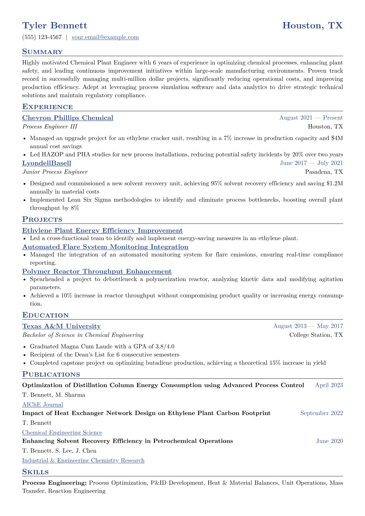 Chemical Plant Engineer Resume Example CV template - Page 1