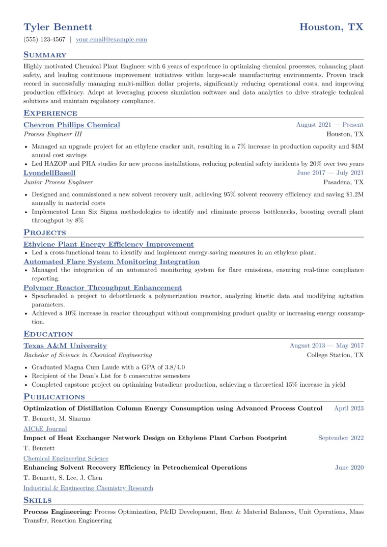 Chemical Plant Engineer Resume Example CV template preview