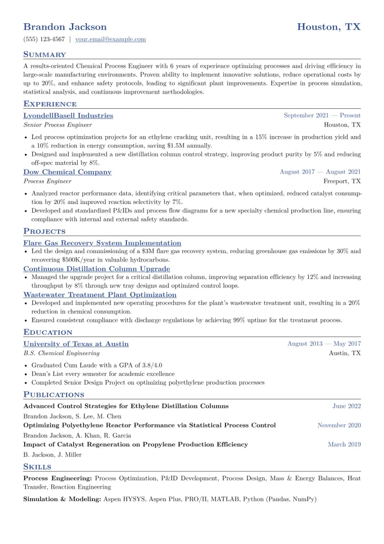 Chemical Process Engineer Resume Example CV template preview