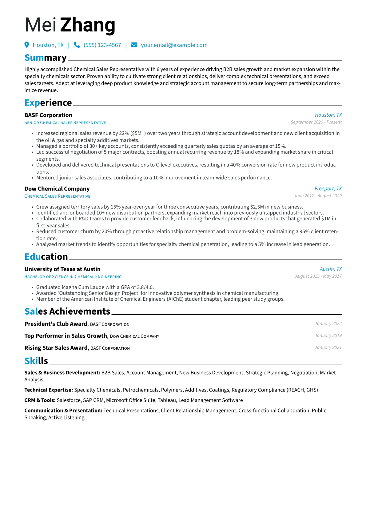 Chemical Sales Representative Resume Example CV template - Page 1