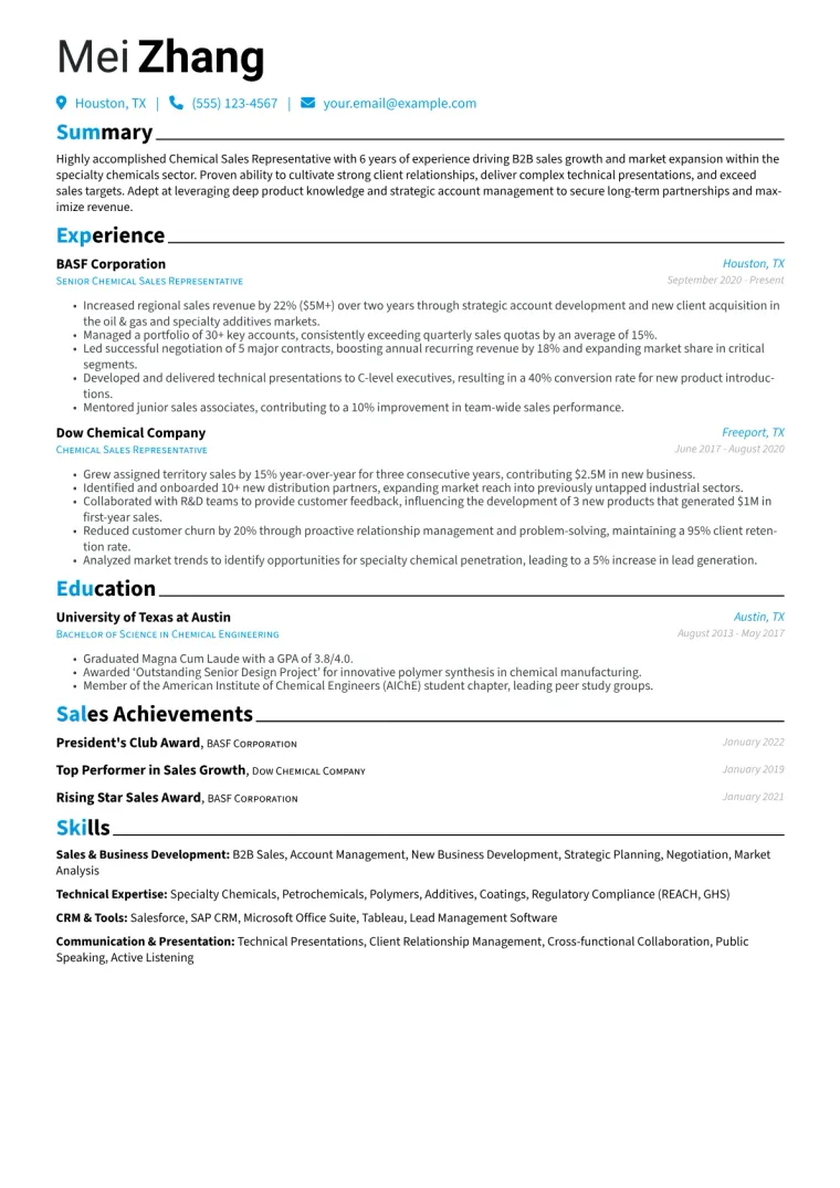 Chemical Sales Representative Resume Example CV template preview
