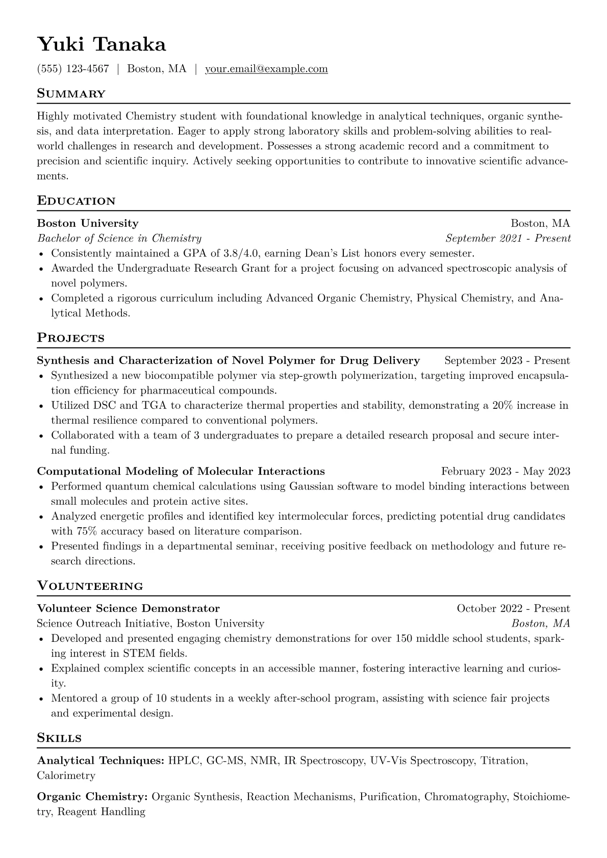 Chemistry Student Resume Example CV template - Page 1