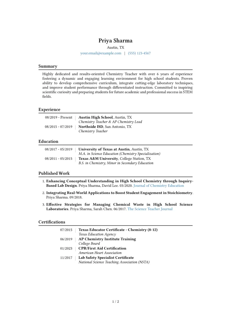 Chemistry Teacher Resume Example CV template preview