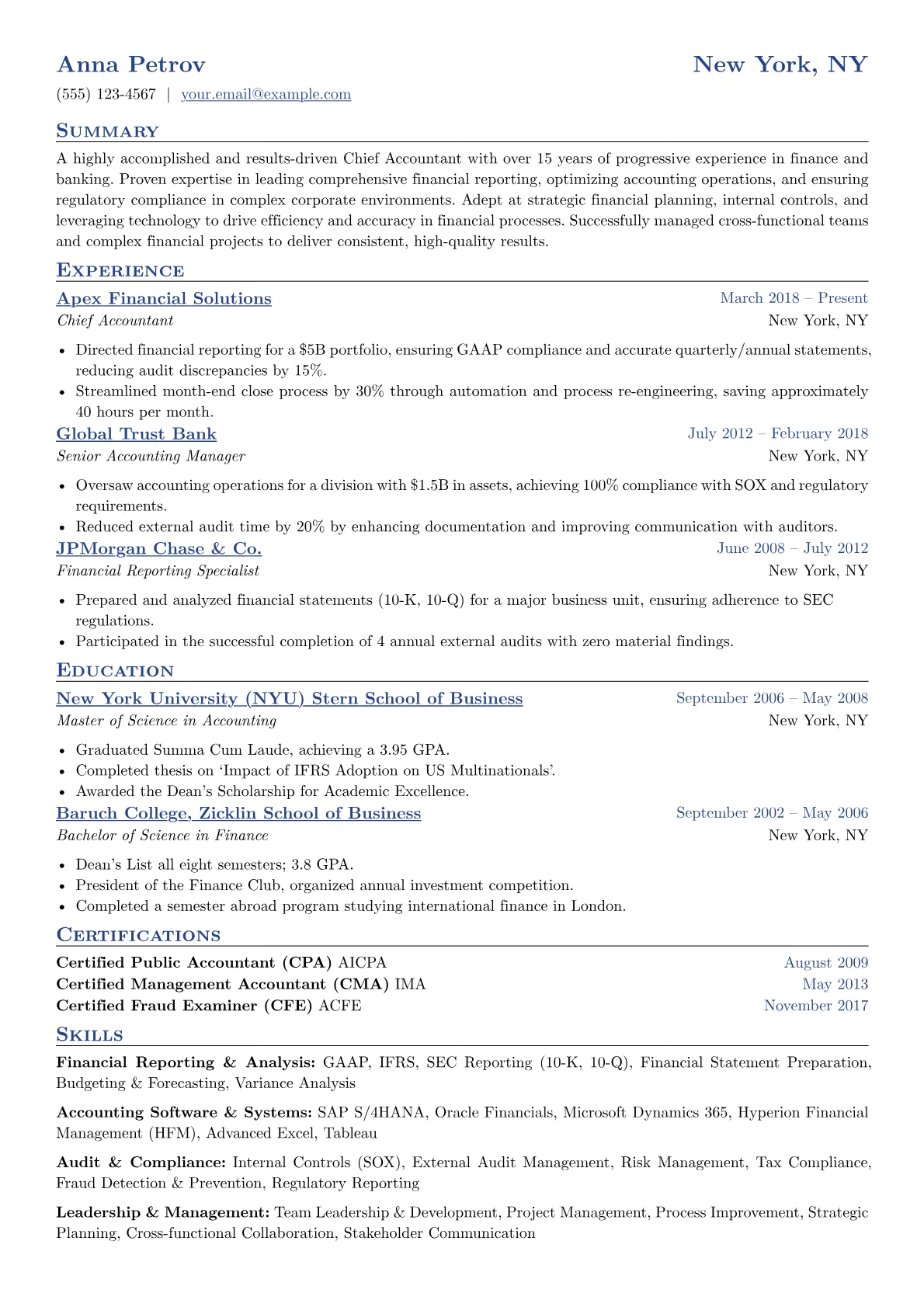 Chief Accountant Resume Example CV template - Page 1