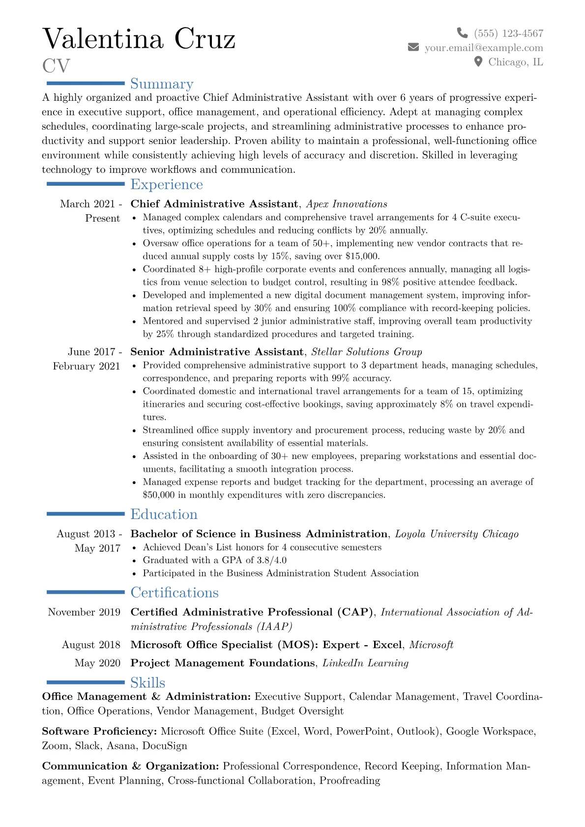 Chief Administrative Assistant Resume Example CV template - Page 1