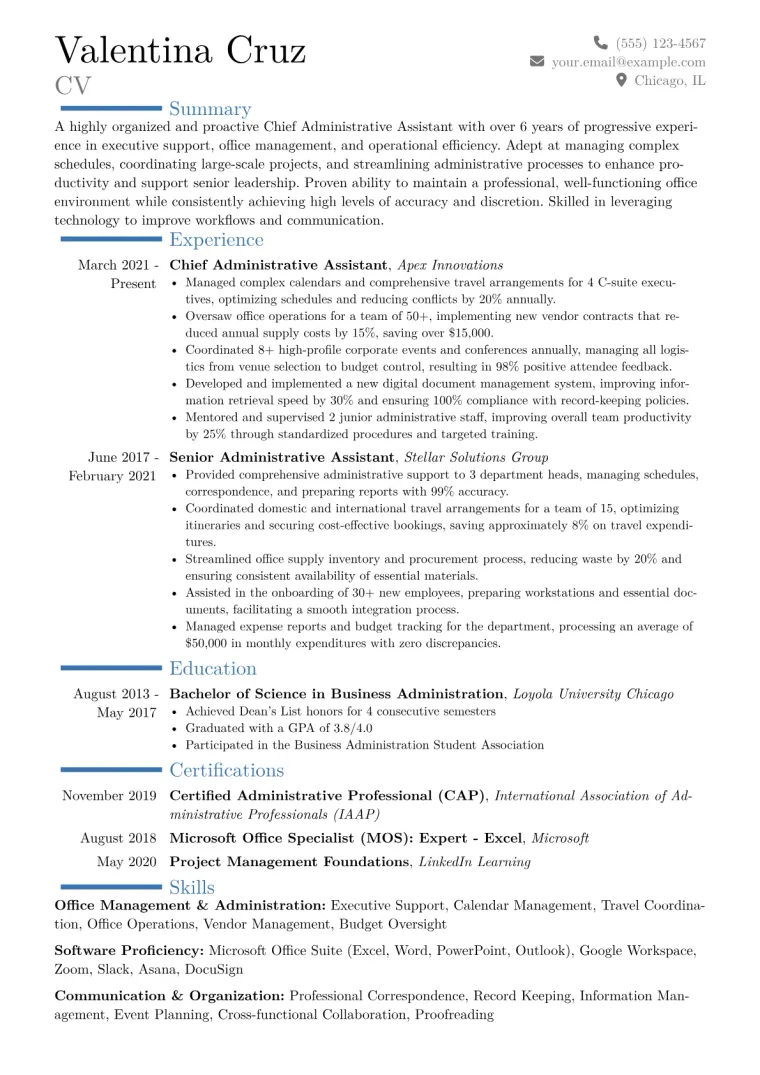 Chief Administrative Assistant Resume Example CV template preview