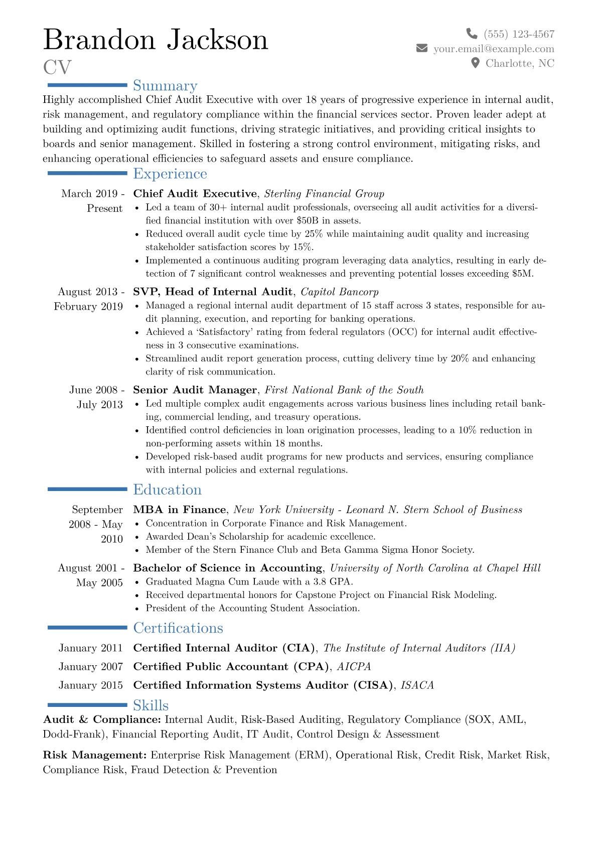 Chief Audit Executive Resume Example CV template - Page 1
