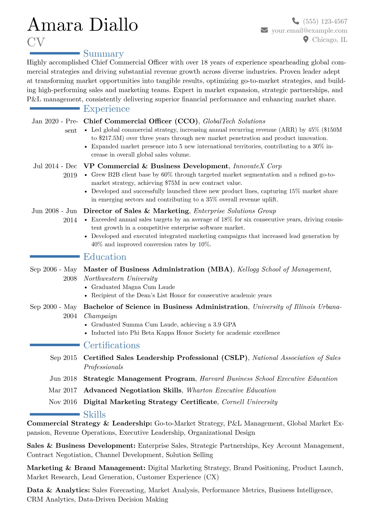 Chief Commercial Officer Resume Example CV template - Page 1