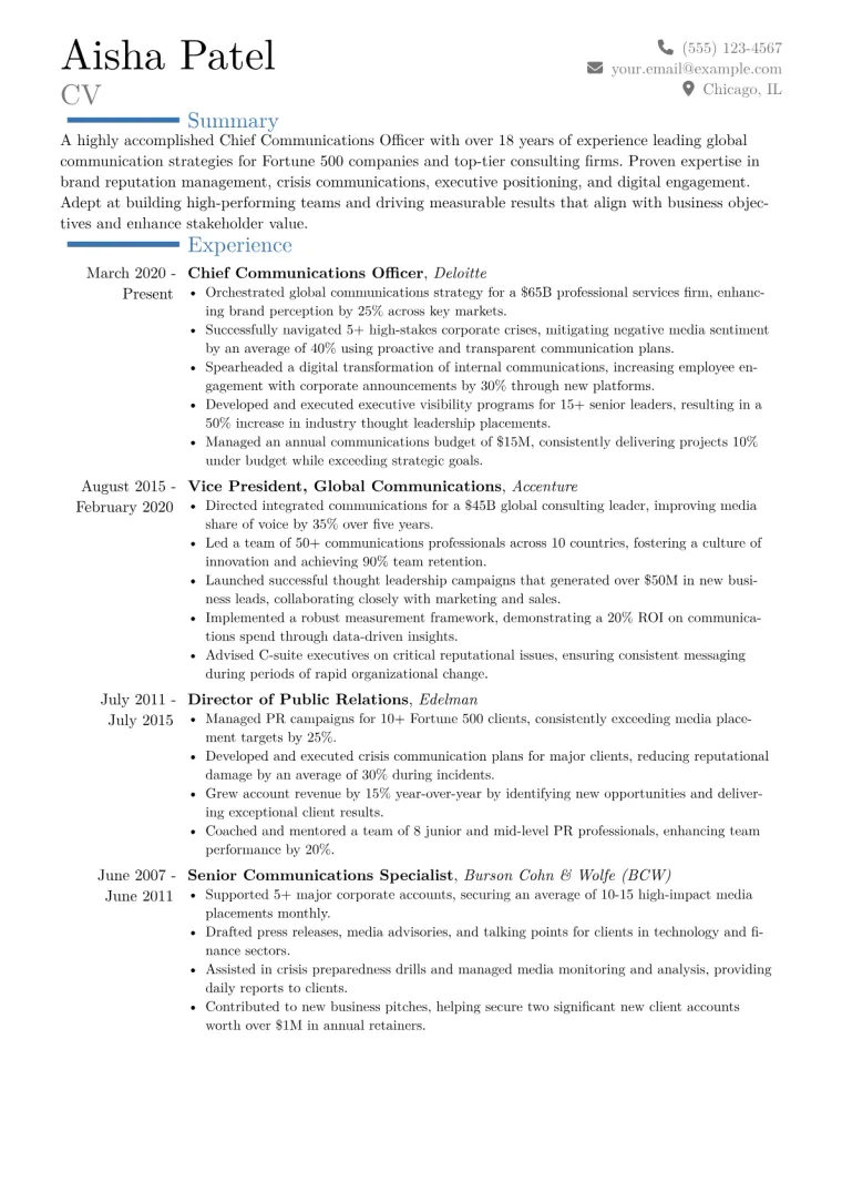 Chief Communications Officer Resume Example CV template preview