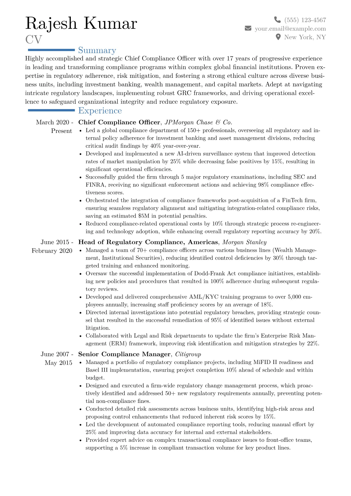 Chief Compliance Officer Financial Resume Example CV template - Page 1
