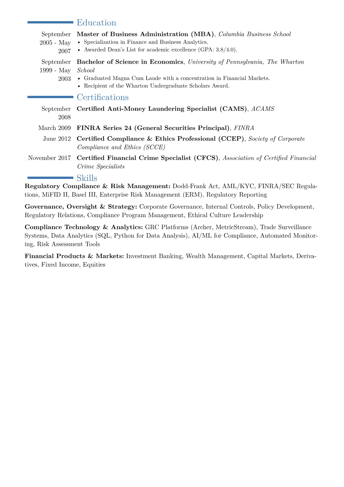 Chief Compliance Officer Financial Resume Example CV template - Page 2