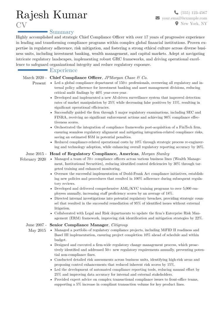 Chief Compliance Officer Financial Resume Example CV template preview