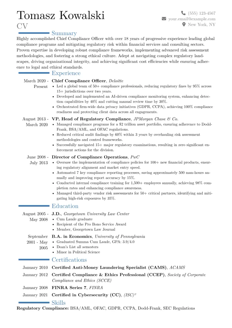 Chief Compliance Officer Resume Example