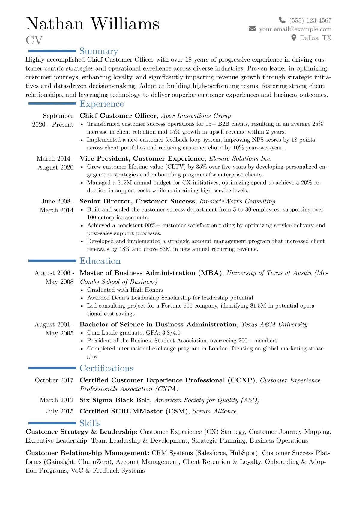 Chief Customer Officer Resume Example CV template - Page 1
