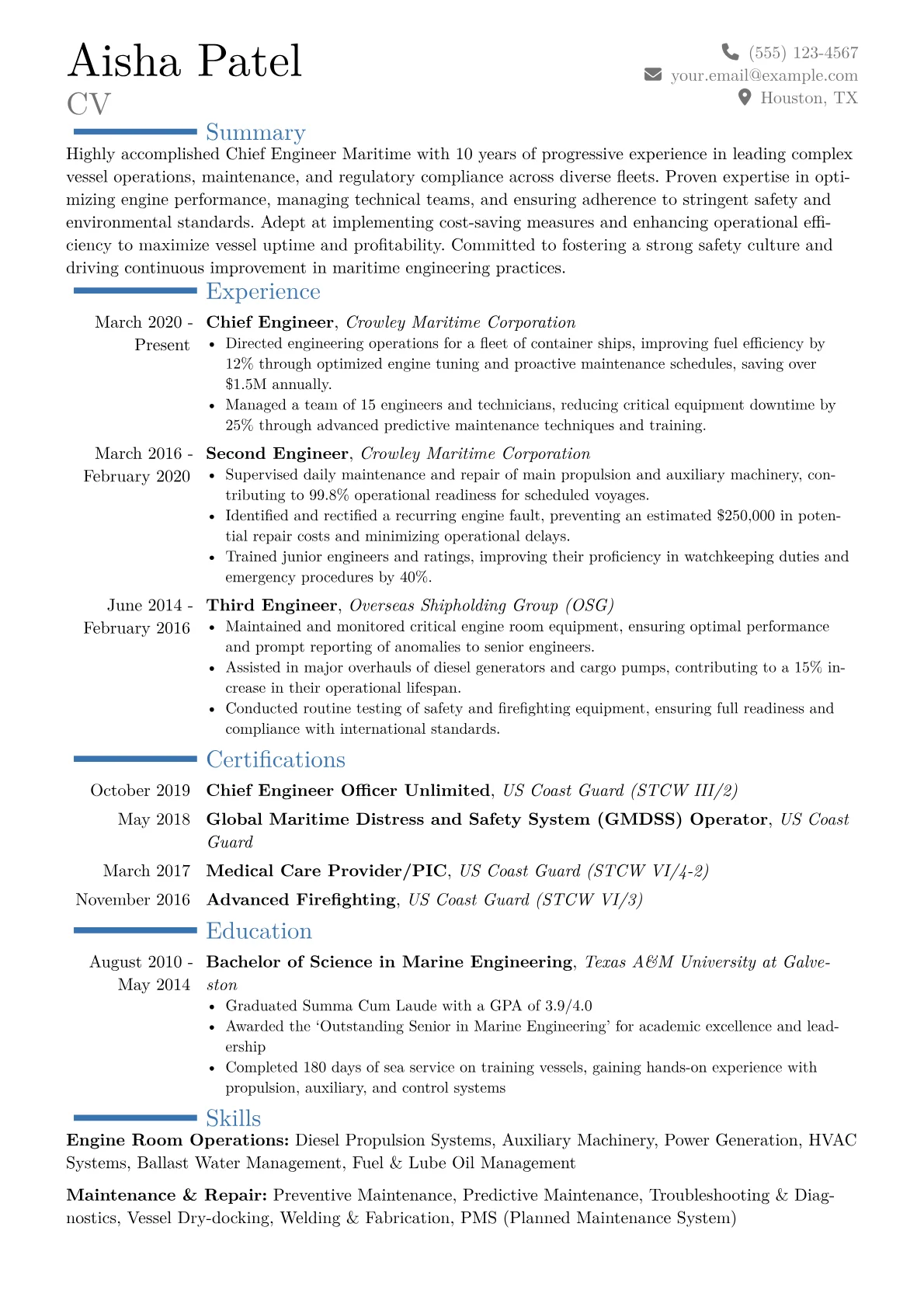 Chief Engineer Maritime Resume Example CV template - Page 1