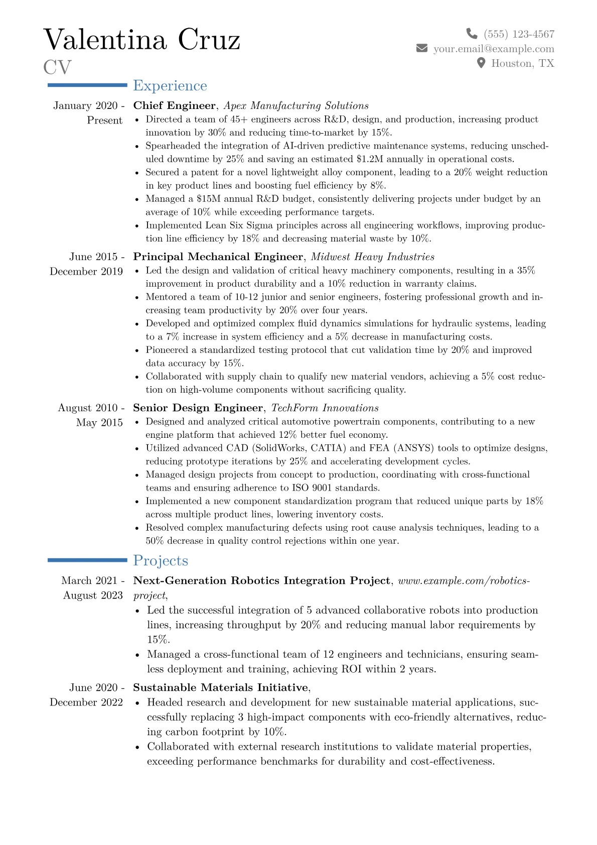 Chief Engineer Resume Example CV template - Page 1