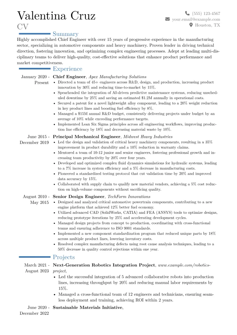 Chief Engineer Resume Example CV template preview