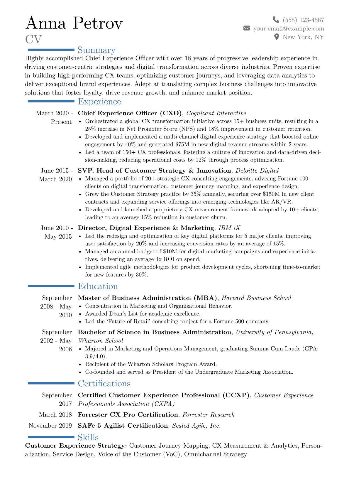 Chief Experience Officer Business Resume Example CV template - Page 1