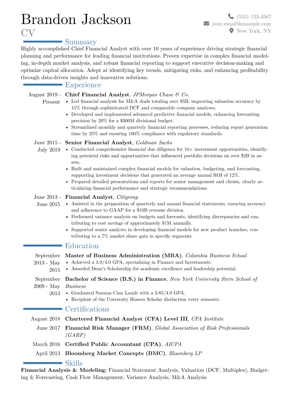 Chief Financial Analyst Resume Example CV template - Page 1