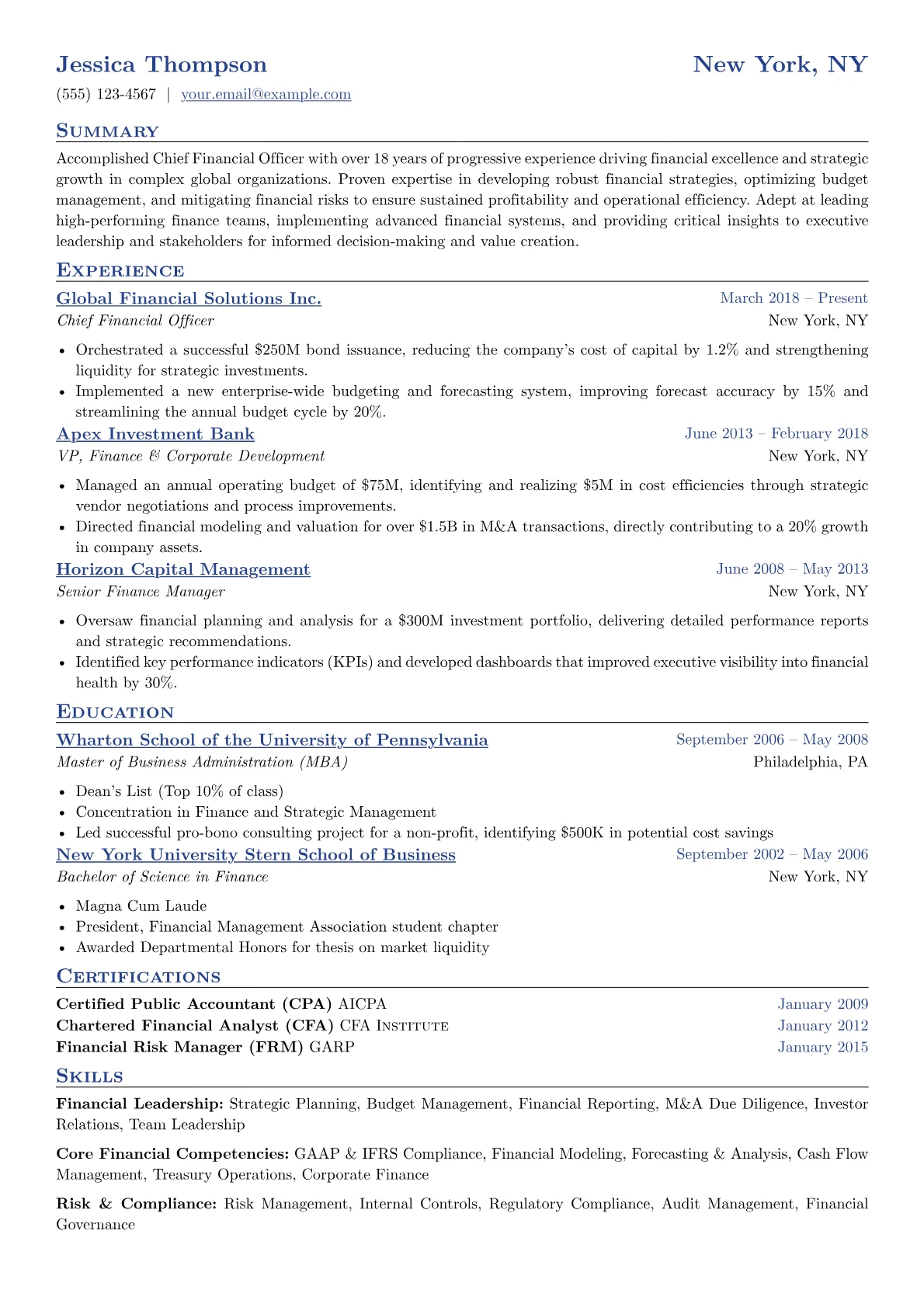 Chief Financial Officer Resume Example CV template - Page 1