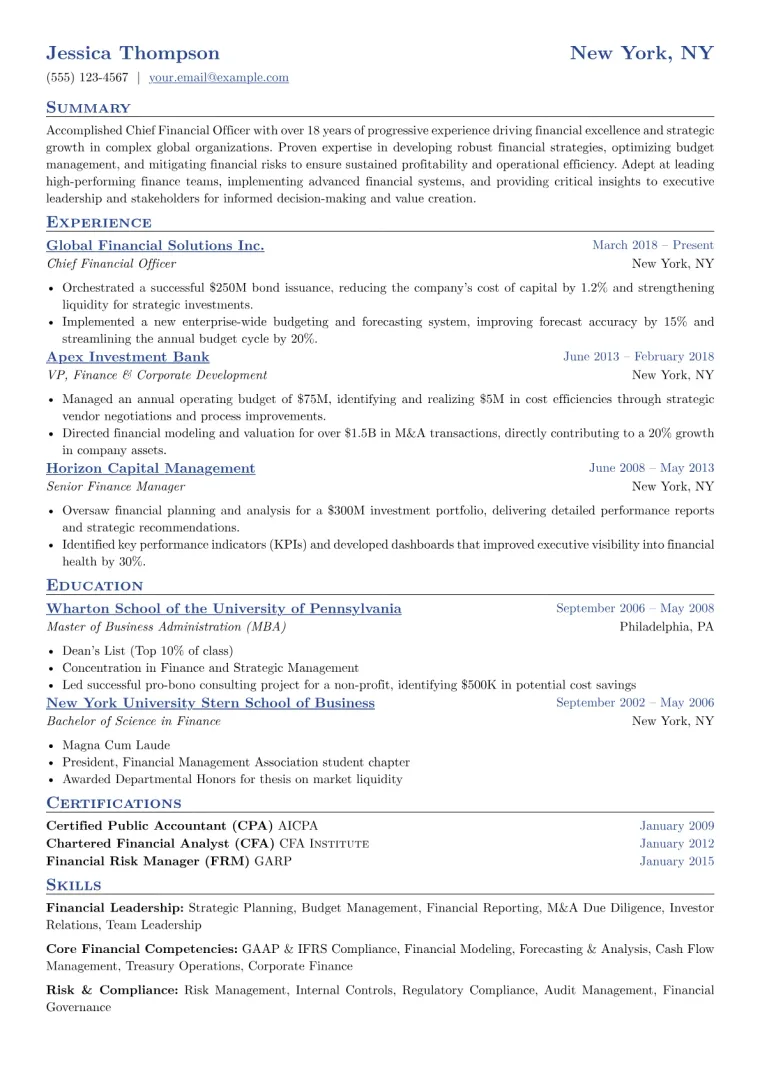 Chief Financial Officer Resume Example