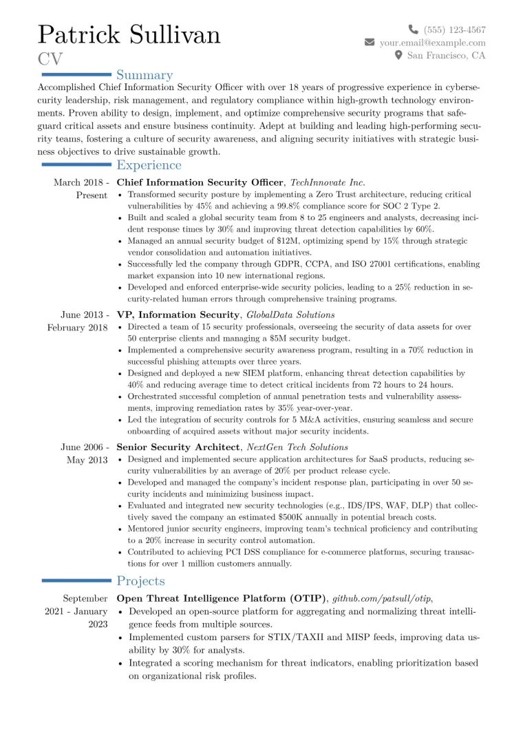 Chief Information Security Officer Resume Example CV template preview