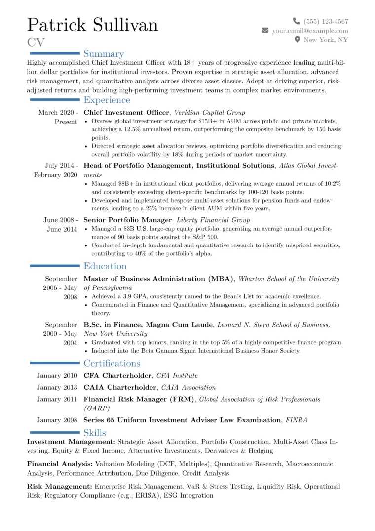 Chief Investment Officer Resume Example CV template preview