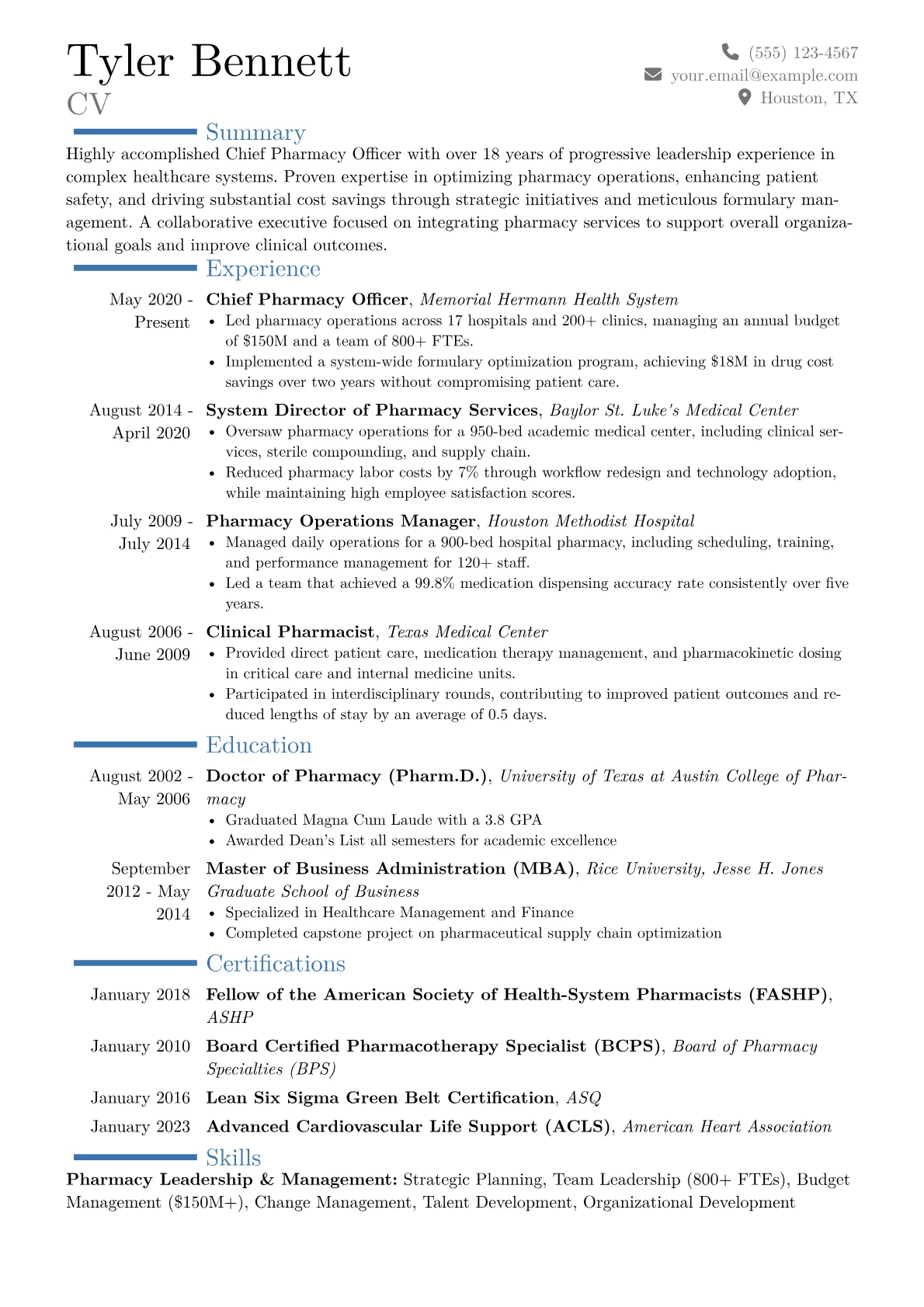 Chief Pharmacy Officer Resume Example CV template - Page 1