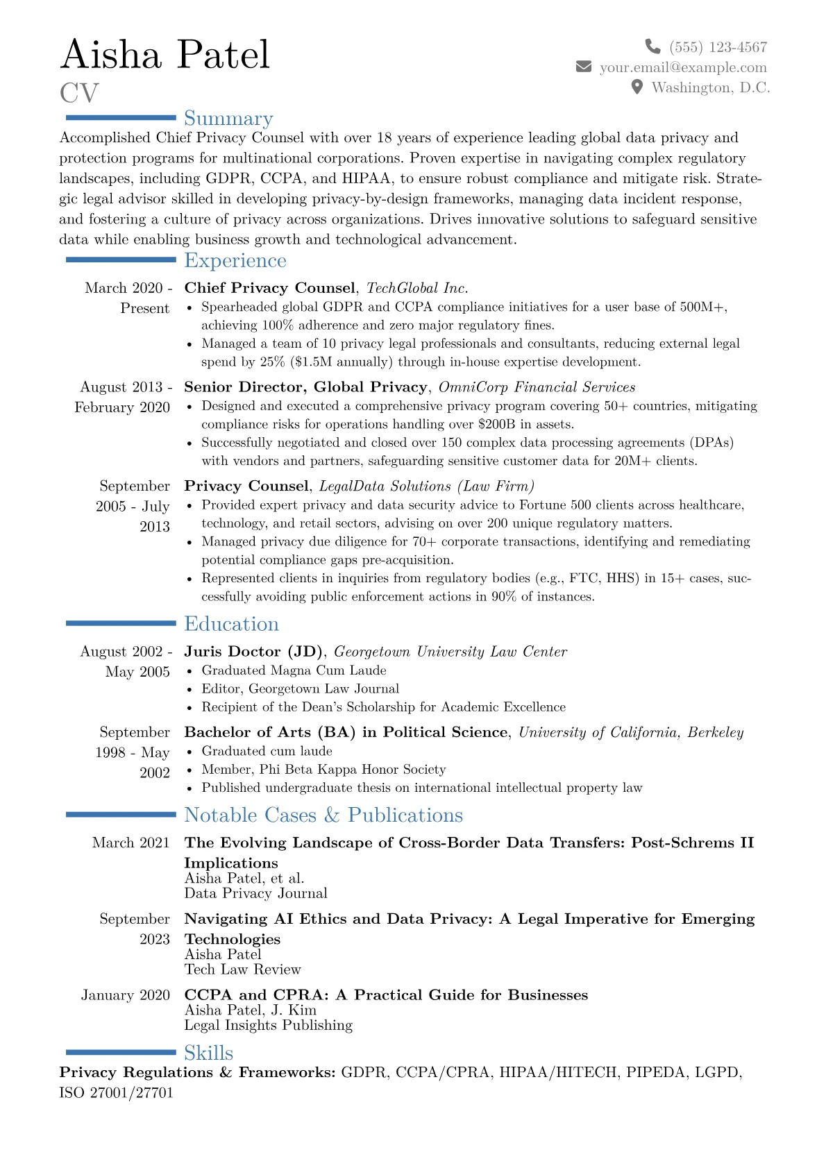 Chief Privacy Counsel Resume Example CV template - Page 1