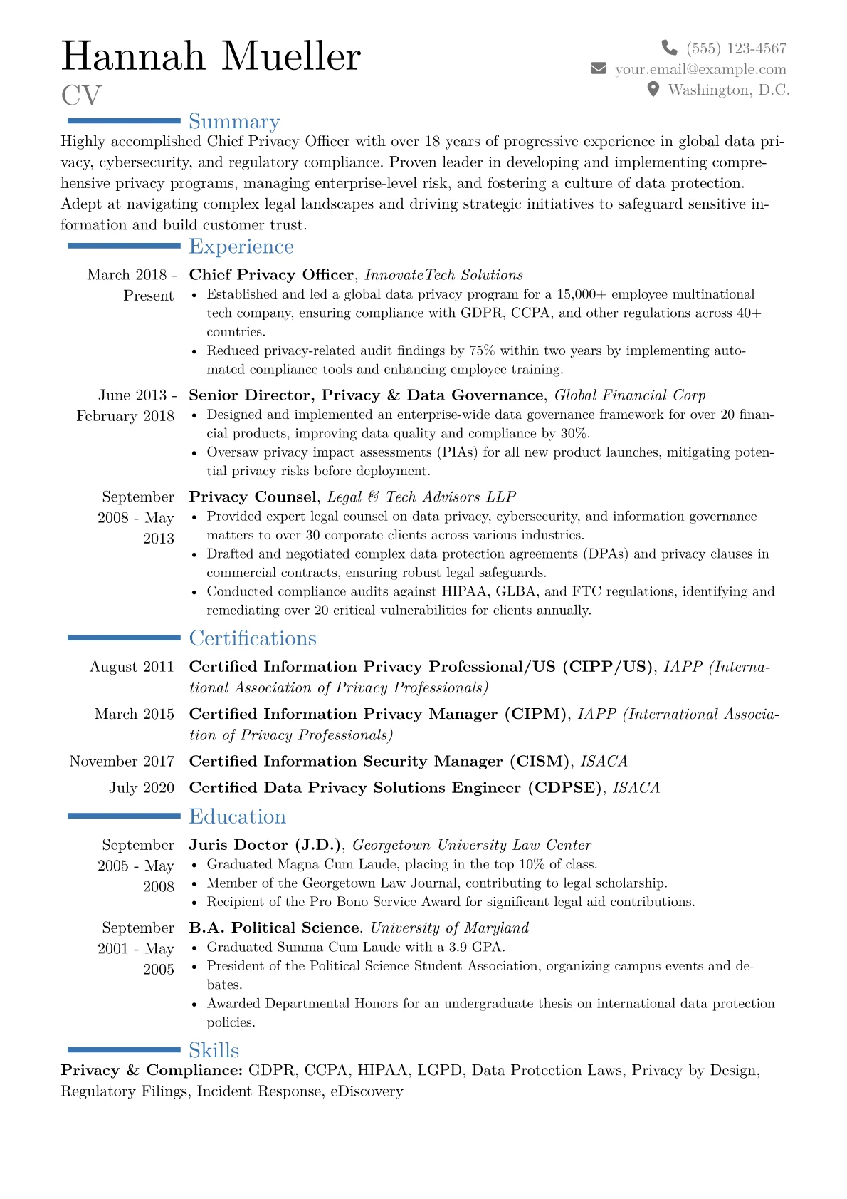 Chief Privacy Officer Resume Example CV template - Page 1